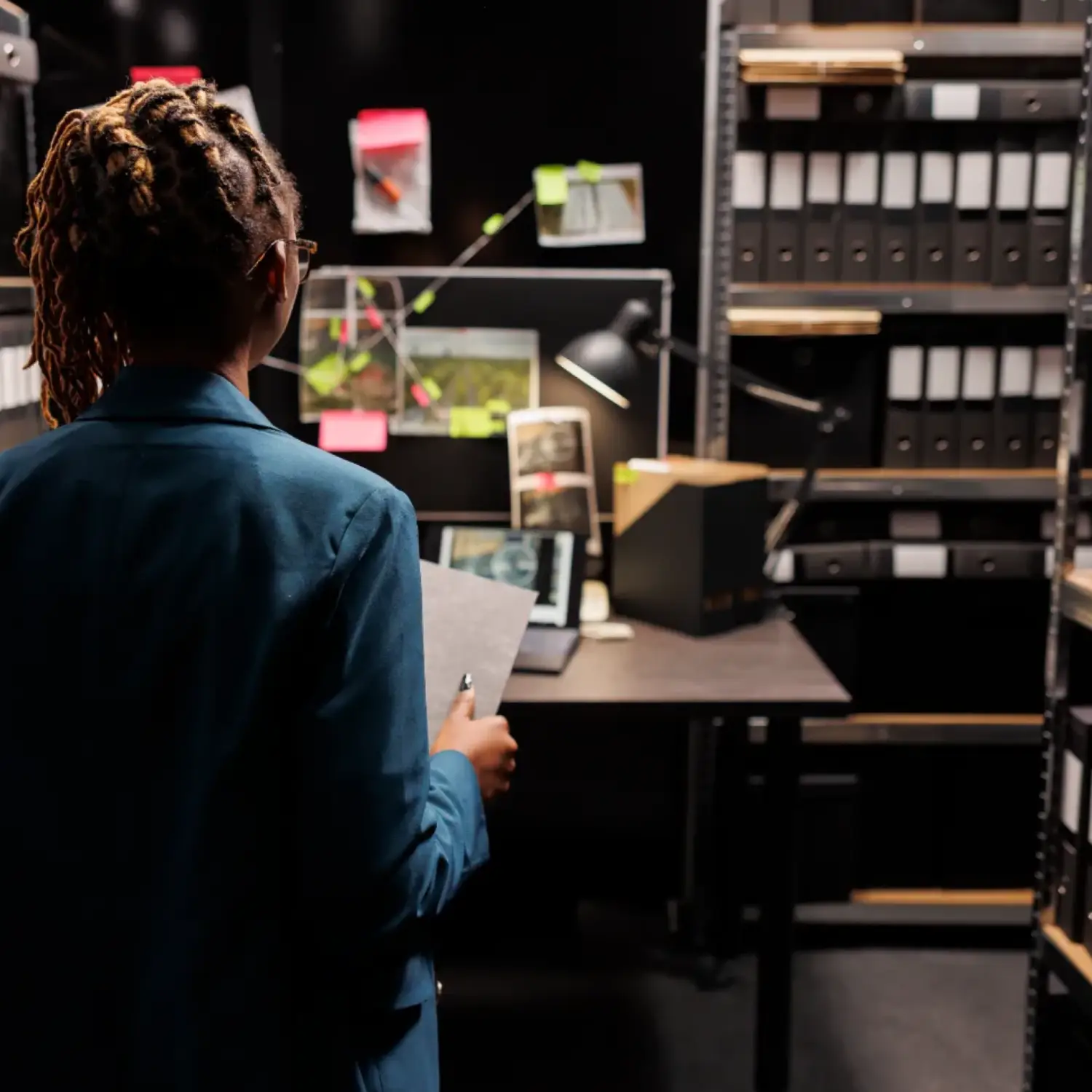 police-investigator-holding-crime-matter-file-analyzing-evidence-board-office-late police-investigator-holding-crime-matter-file-analyzing-evidence-board-office-late